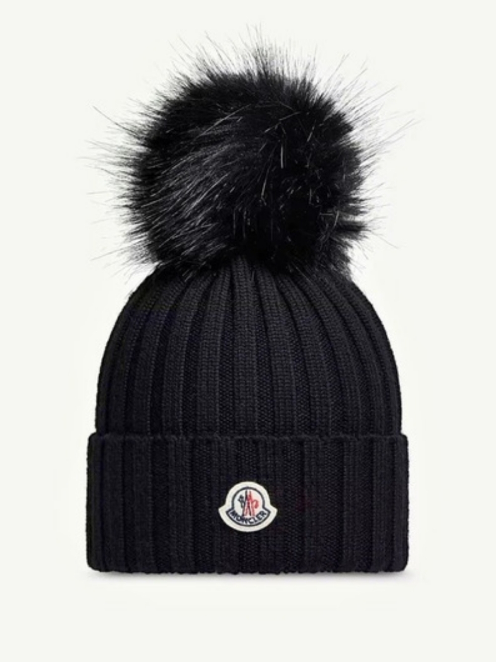 Moncler Ribbed Wool Beanie with Faux Fur Pom Black